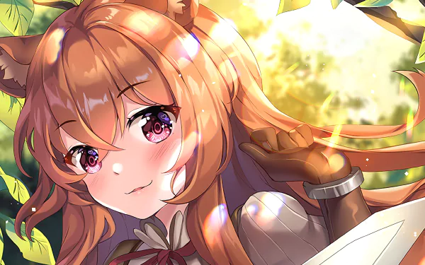 HD desktop wallpaper of Raphtalia from The Rising of the Shield Hero anime, featuring her with glowing purple eyes and in battle armor amidst a sunlit backdrop.