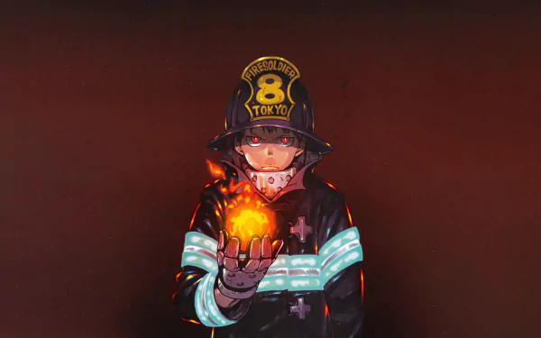 HD desktop wallpaper of Shinra Kusakabe from the anime Fire Force, showing him in firefighter attire with a glowing flame in his palm, against a dark background.