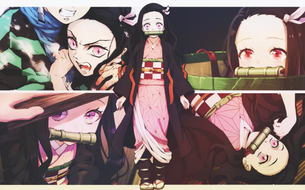 HD desktop wallpaper of Nezuko Kamado from Demon Slayer: Kimetsu no Yaiba, featuring multiple scenes of her in various expressions and dynamic poses.