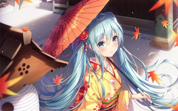 Anime-style HD wallpaper of Hatsune Miku with blue hair and blue eyes, holding a red umbrella. She is wearing a traditional yellow kimono surrounded by falling autumn leaves in an outdoor setting.