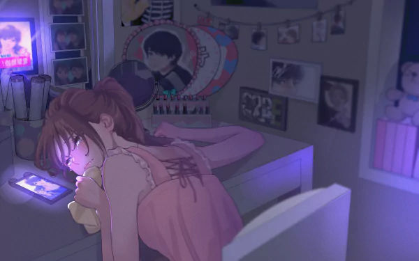 A sad anime girl with tears in her eyes, resting on a desk in a dimly lit room filled with posters and soft purple lighting. 4K Ultra HD PC desktop wallpaper.