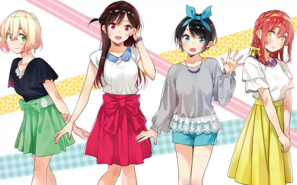 HD wallpaper featuring anime characters Chizuru Ichinose, Sumi Sakurasawa, Ruka Sarashina, and Mami Nanami from Rent-A-Girlfriend. The characters are standing in colorful outfits against a patterned background.