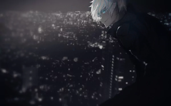 HD desktop wallpaper featuring Satoru Gojo from the anime Jujutsu Kaisen, overlooking a cityscape at night with glowing blue eyes.