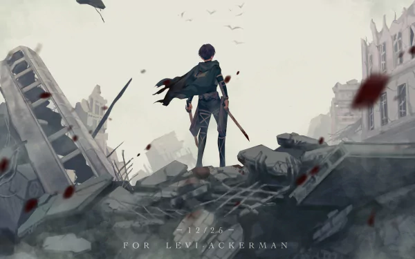 HD desktop wallpaper of Levi Ackerman from the anime Attack on Titan, standing heroically amidst ruins with a sword in hand, evoking a sense of determination and resilience.