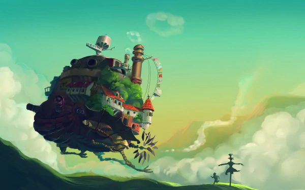 HD wallpaper of Howl's Moving Castle anime, featuring the iconic moving castle floating over a grassy hill with a vibrant sky and scattered clouds in the background.