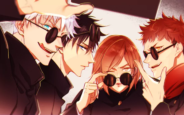 A vibrant HD image featuring anime characters from Jujutsu Kaisen: Satoru Gojo with white hair and blue eyes, Megumi Fushiguro with black hair, Nobara Kugisaki with glasses, and Yuji Itadori with orange eyes.