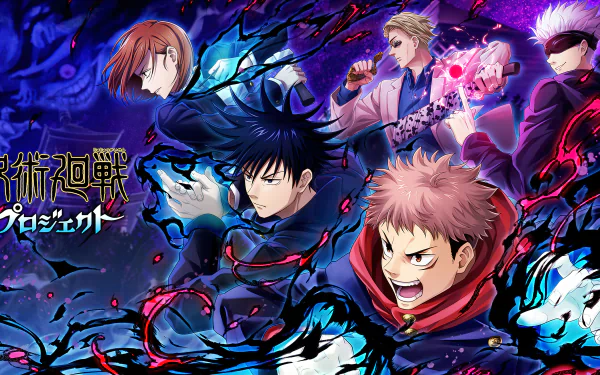 Anime Jujutsu Kaisen characters Yuji Itadori, Megumi Fushiguro, Nobara Kugisaki, Satoru Gojo, and Kento Nanami in school uniforms with dynamic energy effects, 4K Ultra HD wallpaper.