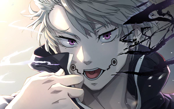 4K Ultra HD anime wallpaper featuring Toge Inumaki from Jujutsu Kaisen with intense purple eyes and dynamic black energy effects on a PC desktop background.