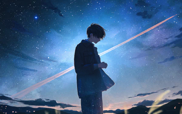 4K Ultra HD anime wallpaper featuring a silhouetted anime boy under a starry sky with vibrant streaks of light cutting across the deep blue night background.