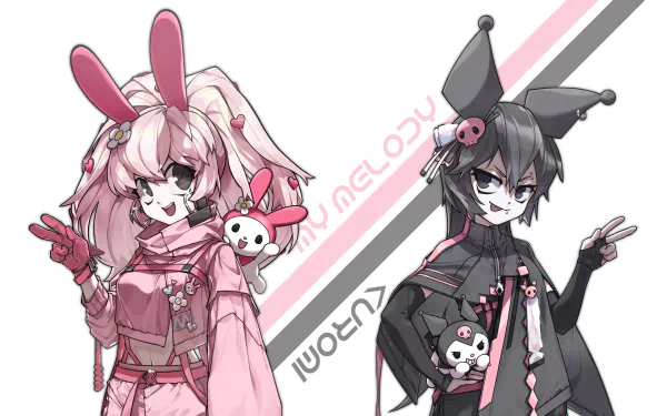 HD PC desktop wallpaper featuring My Melody and Kuromi from the anime Onegai My Melody in vibrant, stylized pink and black outfits.