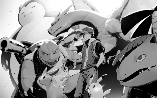 Black-and-white anime-style HD PC desktop wallpaper featuring a Pokémon Trainer surrounded by iconic Pokémon like Snorlax, Charizard, Blastoise, and Pikachu.