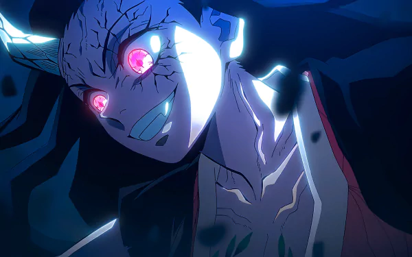 HD wallpaper featuring Nezuko Kamado from the anime Demon Slayer: Kimetsu no Yaiba, showcasing her fierce expression and dramatic lighting.