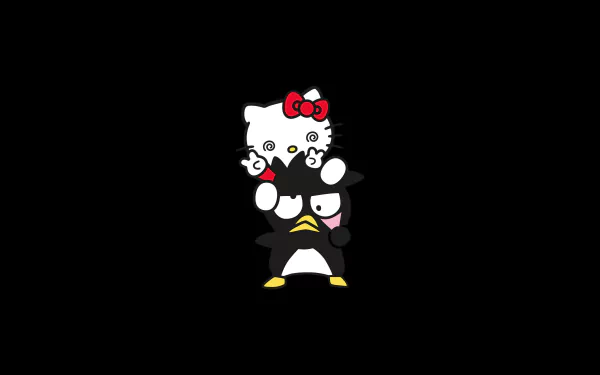 A vibrant 4K Ultra HD wallpaper featuring Badtz-Maru and Hello Kitty, iconic characters from Sanrio, set against a sleek black background. A fun addition for anime fans.