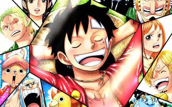 Vibrant 4K Ultra HD anime wallpaper featuring Monkey D. Luffy and One Piece crew members in dynamic, expressive poses for PC desktop background.