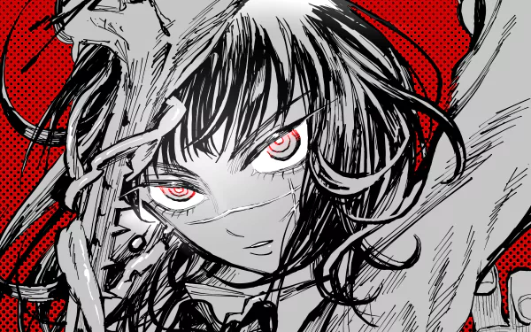 4K Ultra HD anime wallpaper featuring Asa Mitaka, the War Devil, from Chainsaw Man with intense red eyes and dynamic black-and-white artwork against a bold red background.