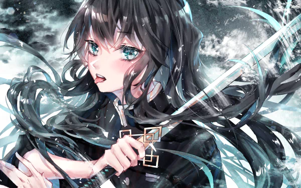 HD wallpaper featuring Muichiro Tokito from the anime *Demon Slayer: Kimetsu no Yaiba*, showcasing vibrant colors and dynamic movement with a sword.