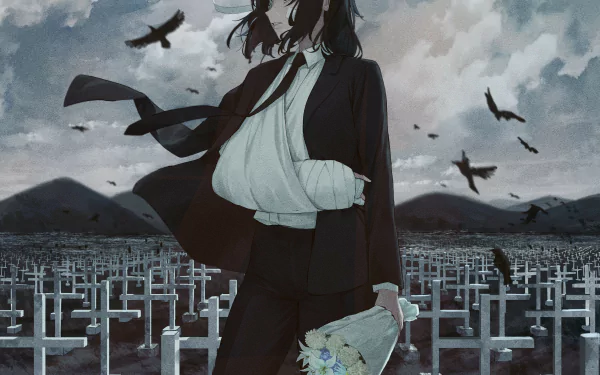 Himeno from Chainsaw Man stands amidst a vast graveyard under a cloudy sky, holding flowers with birds flying overhead in this 4K Ultra HD anime desktop wallpaper.