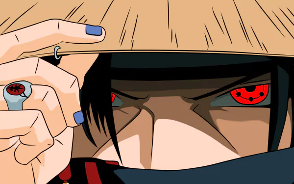 HD desktop wallpaper featuring Itachi Uchiha from the anime Naruto, showcasing his intense gaze with Sharingan eyes, partially obscured by a traditional hat.