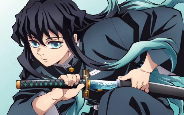 HD desktop wallpaper featuring Muichiro Tokito from the anime Demon Slayer: Kimetsu no Yaiba, poised with his sword and intense blue eyes in action.