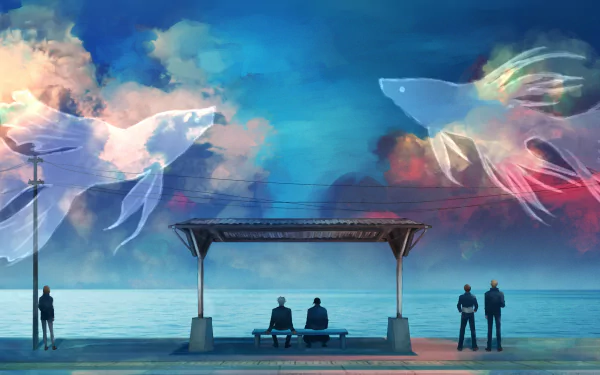 HD desktop wallpaper featuring characters from Jujutsu Kaisen at a seaside bus stop under a dreamy, colorful sky with ethereal, translucent fish swimming above.