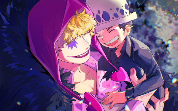 Trafalgar Law and Donquixote Rosinante (Corazon) from One Piece share a joyful moment in this vibrant 4K Ultra HD anime desktop wallpaper.