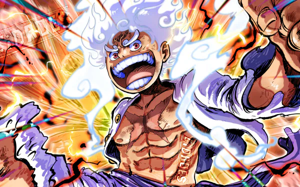 HD desktop wallpaper featuring Monkey D. Luffy in Gear 5, from the anime One Piece, with a vibrant and dynamic background.