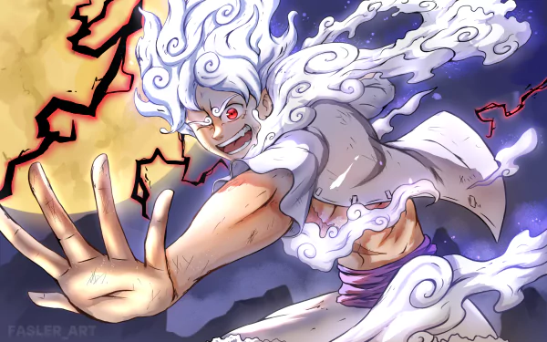 HD anime wallpaper featuring Monkey D. Luffy in Gear 5 form from One Piece, showcasing dynamic energy and intense expression against a vibrant background.