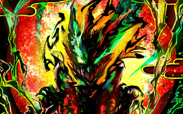 HD desktop wallpaper featuring Izuku Midoriya from My Hero Academia. The vibrant artwork showcases intense colors and elaborate designs framing the character in a dynamic and powerful stance.