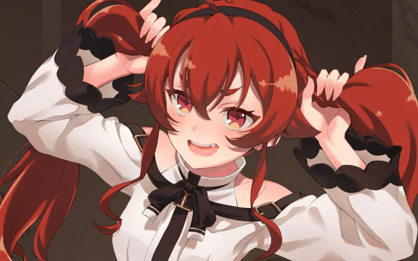 HD desktop wallpaper featuring Eris Boreas Greyrat from the anime Mushoku Tensei: Jobless Reincarnation, showcasing her lively expression and red hair in a playful pose.
