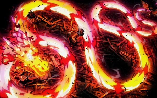 HD anime wallpaper from Demon Slayer: Kimetsu no Yaiba featuring vibrant fiery effects forming the letters SOS against a dark, textured background.