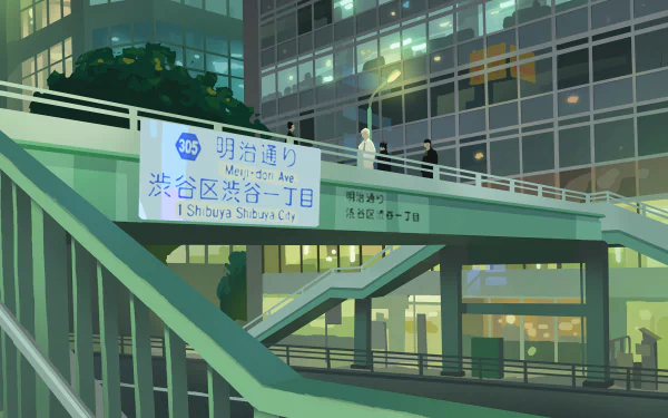 HD wallpaper of Jujutsu Kaisen with an anime-style depiction of a modern urban scene in Shibuya, featuring characters on a pedestrian bridge with city buildings in the background.
