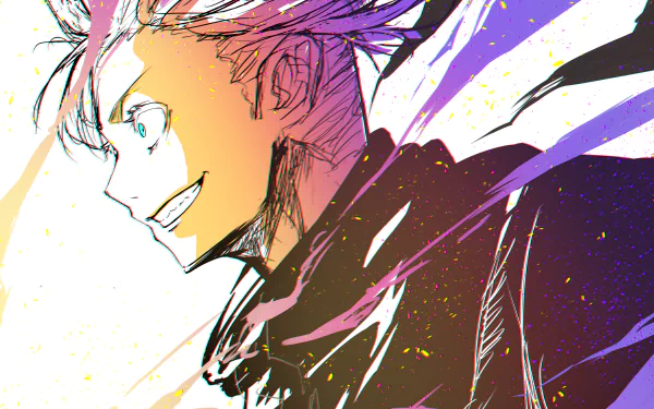Vibrant 4K Ultra HD anime wallpaper featuring Satoru Gojo from Jujutsu Kaisen with dynamic brush strokes and vivid colors on a dark background.