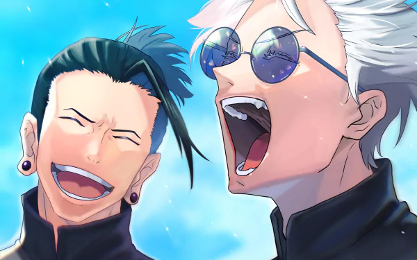 High-definition desktop wallpaper featuring Suguru Geto and Satoru Gojo from the anime Jujutsu Kaisen, showcasing their lively expressions against a vibrant blue sky.