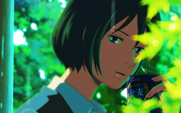 4K Ultra HD anime wallpaper from The Garden of Words featuring a close-up of a character with short dark hair holding a drink amidst vibrant green foliage.