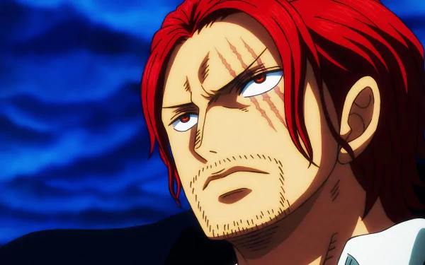 Shanks from One Piece with intense gaze against a dramatic night sky, rendered in vivid anime style for an 8K Ultra HD PC desktop wallpaper.