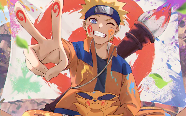 HD anime wallpaper featuring Naruto Uzumaki smiling and flashing a peace sign, with Kurama resting on his lap, vibrant colors highlighting the Naruto series theme.