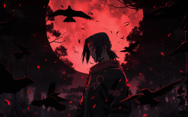 HD desktop wallpaper featuring Itachi Uchiha from Naruto with a red moon and silhouettes of crows from the Uchiha Clan.