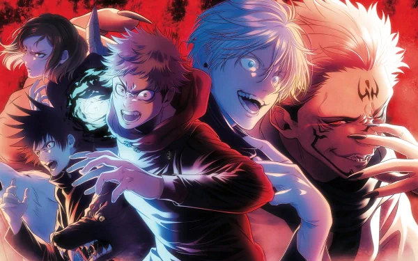 HD desktop wallpaper featuring Jujutsu Kaisen characters Sukuna, Yuji Itadori, Satoru Gojo, Megumi Fushiguro, and Nobara Kugisaki with a dramatic red backdrop.