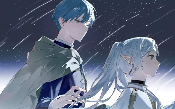 Anime-style 8K Ultra HD desktop wallpaper featuring Himmel and Frieren from Frieren: Beyond Journey's End, set against a starry night sky with streaking stars.