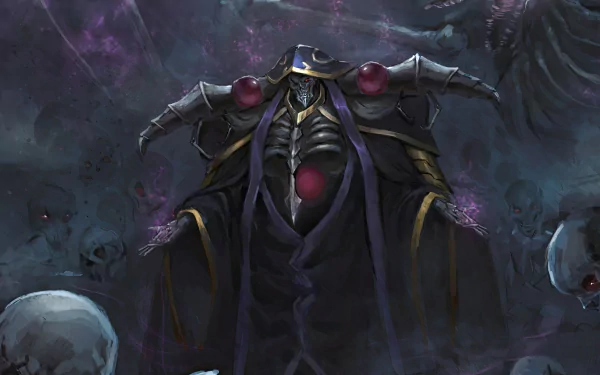 Ainz Ooal Gown from the anime Overlord depicted as a powerful skeleton in dark, mystical armor with glowing purple energy, rendered in 8K Ultra HD for PC wallpaper.