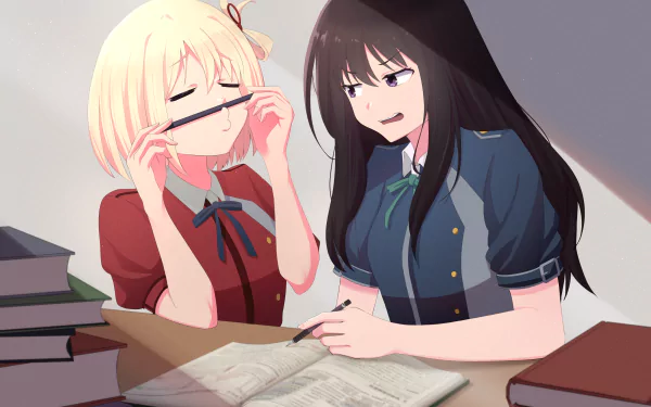 HD PC desktop wallpaper featuring anime characters Chisato Nishikigi and Takina Inoue from Lycoris Recoil, studying together with books and notebooks.