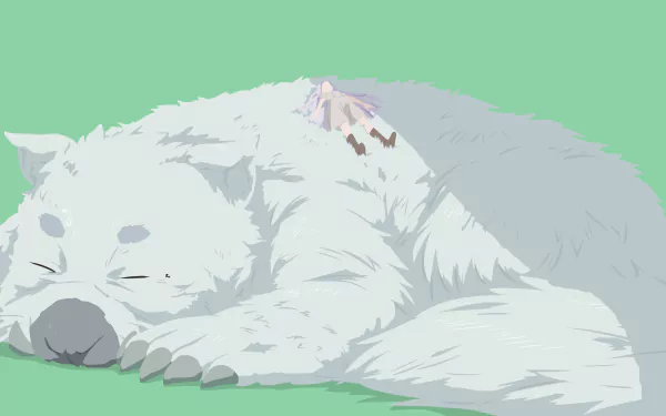 Anime-style 4K Ultra HD wallpaper from Frieren: Beyond Journey's End depicting a large, white wolf peacefully sleeping with a small figure resting on its back.