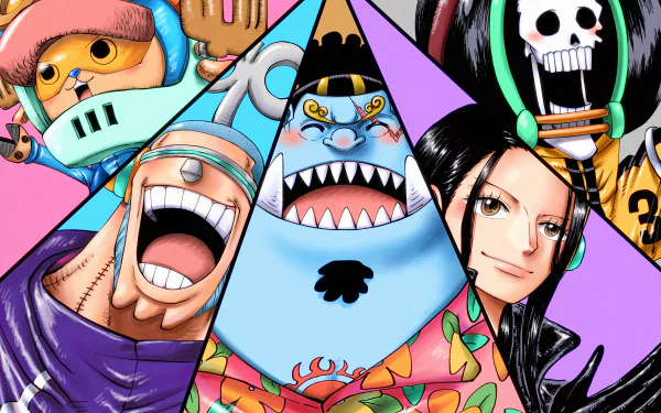 Vibrant 4K Ultra HD One Piece anime wallpaper featuring key characters with expressive faces and dynamic colors on a bold, geometric background for PC desktop.
