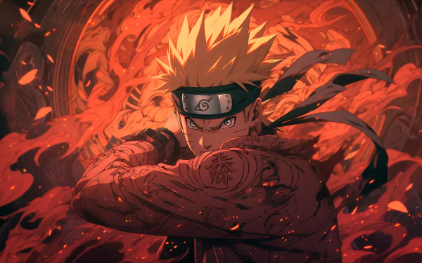 Anime HD wallpaper featuring Naruto Uzumaki, showcasing him with striking golden hair and intense expression amidst vibrant flames and dynamic patterns in the background.