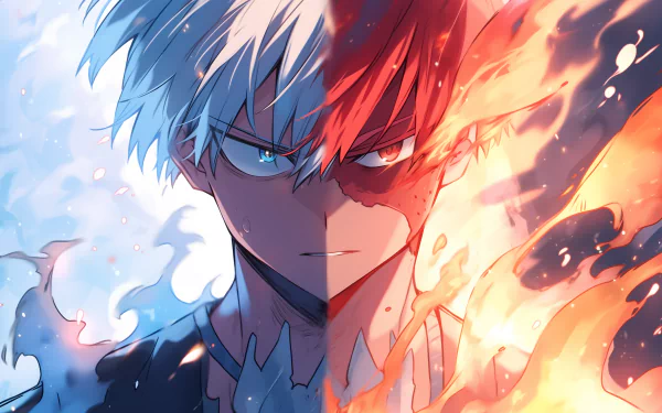 Dynamic HD wallpaper featuring Shoto Todoroki from My Hero Academia, showcasing his dual elemental powers of ice and fire in a striking split design.
