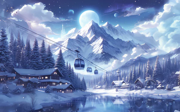 Anime-style 4K Ultra HD winter night scene featuring snow-covered cabins, towering pine trees, illuminated gondolas, and a glowing full moon over mountains.