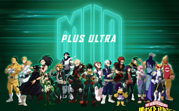 HD PC wallpaper featuring the main cast of My Hero Academia standing together with a glowing Plus Ultra text above in a vibrant green anime-style design.