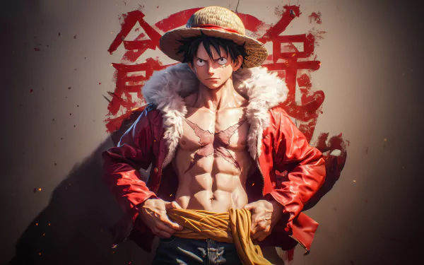 HD desktop wallpaper featuring Monkey D. Luffy from One Piece anime, showcasing character in a dynamic pose with iconic straw hat and red jacket.