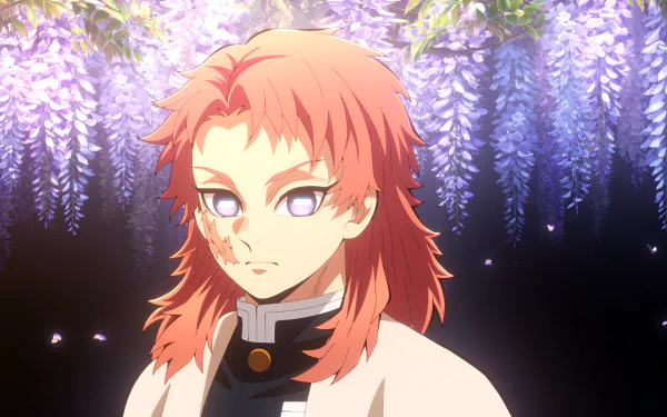 4K Ultra HD PC desktop wallpaper of Sabito (Demon Slayer: Kimetsu no Yaiba) — anime portrait with red hair and glowing eyes beneath hanging wisteria against a dark, luminous background.