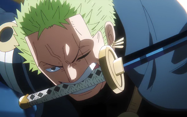 Roronoa Zoro from One Piece grips a sword in his mouth, depicted in vibrant detail as a 4K Ultra HD anime desktop wallpaper.